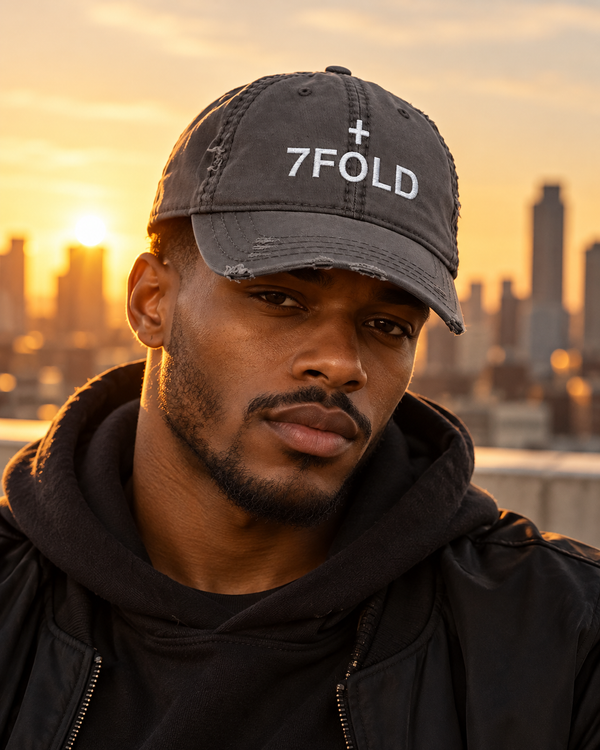 7Fold distressed dad hat worn by a Black model
