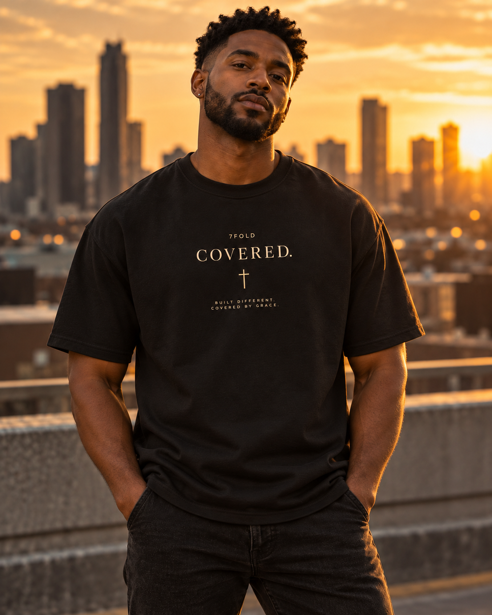 7Fold COVERED heavyweight tee worn by a Black model