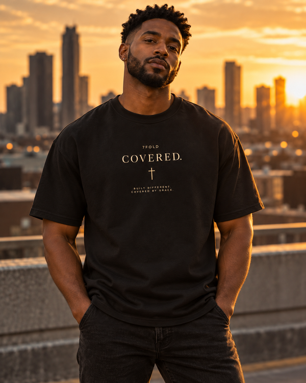 7Fold COVERED heavyweight tee worn by a Black model