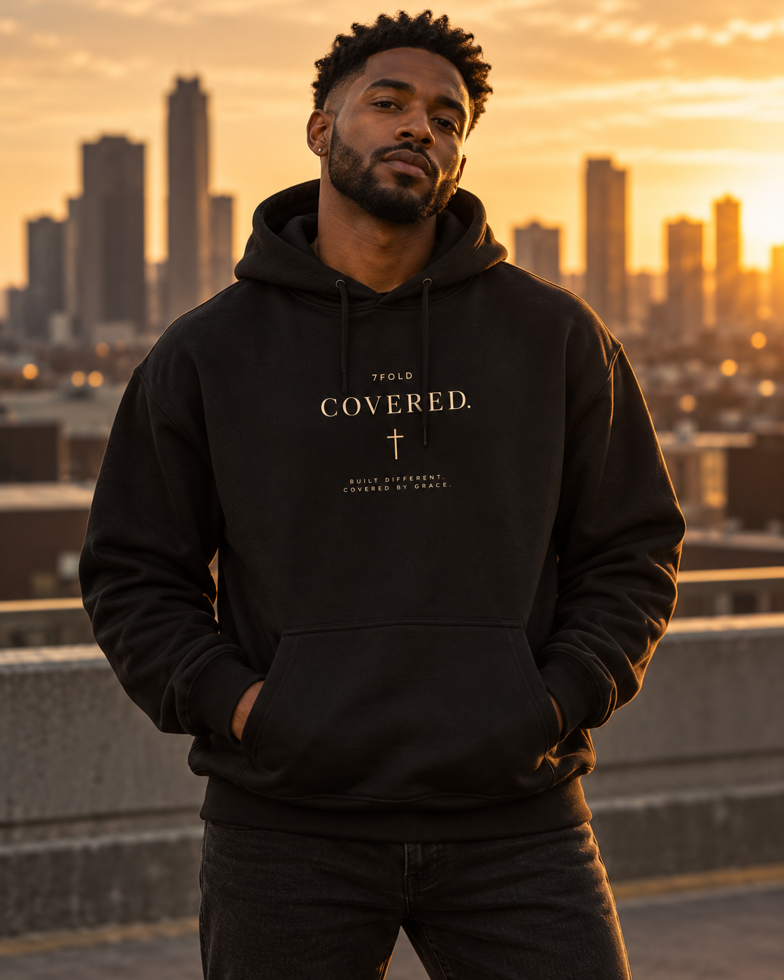 7Fold COVERED hoodie worn by a Black model