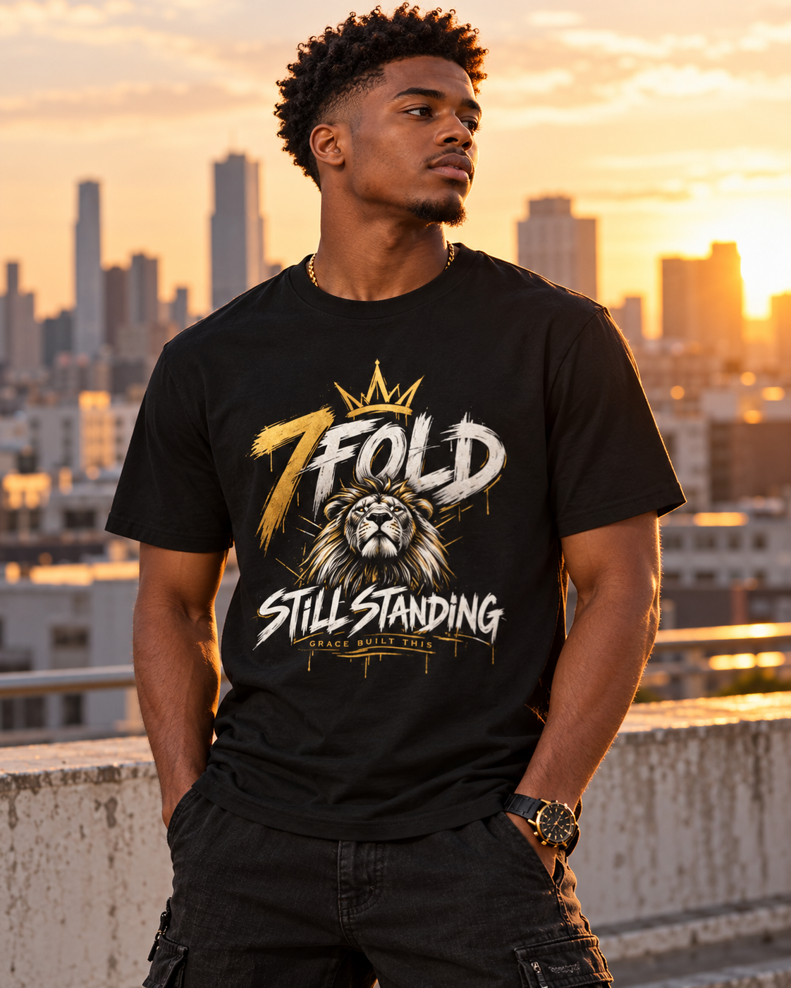 7Fold Still Standing tee worn by a Black model