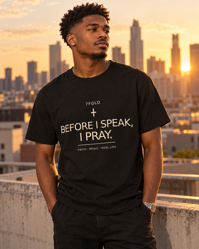 7Fold Before I Speak, I Pray tee worn by a Black model