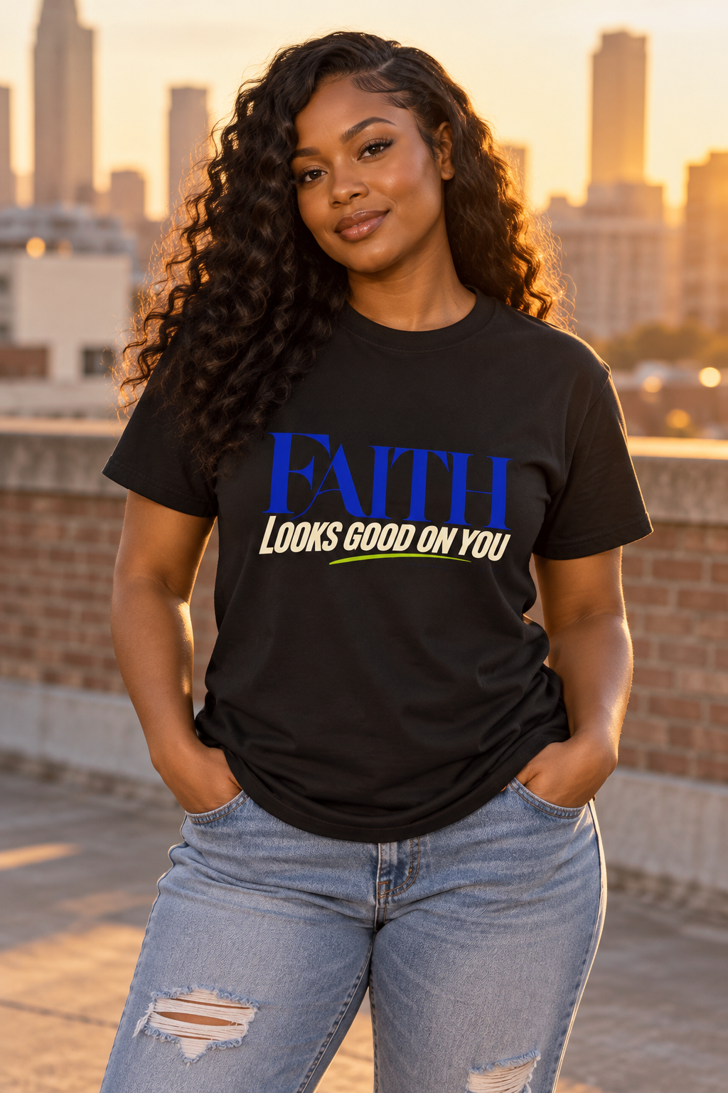 Black model wearing the 7Fold faith looks good on you shirt, front print visible in warm urban rooftop setting