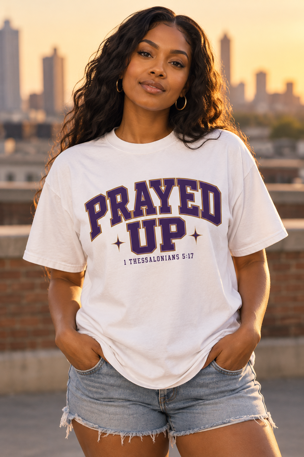 Black model wearing the 7Fold prayed up shirt, front print visible in warm urban rooftop setting