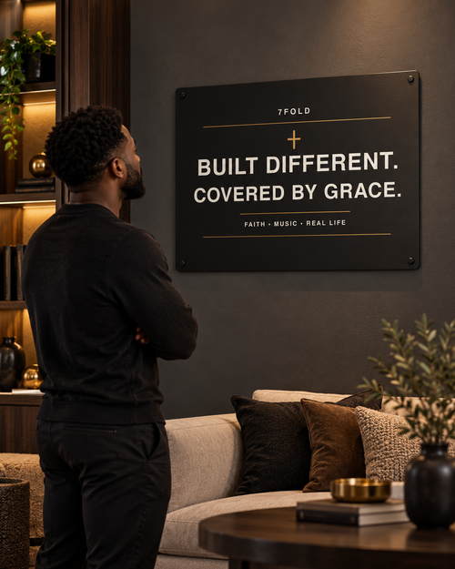 7Fold Built Different metal wall art displayed in a home with a Black model